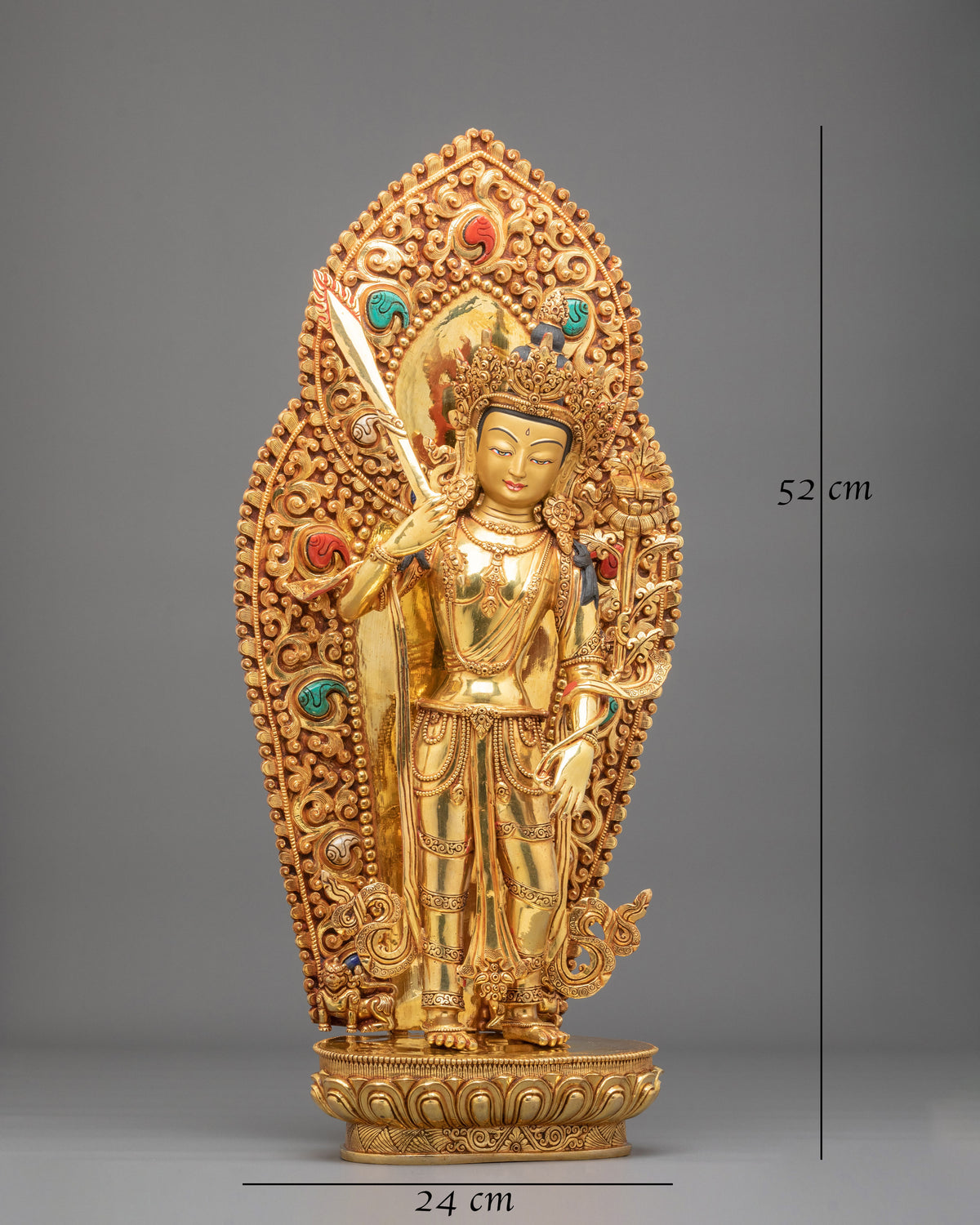 Manjushri Sculpture: 24K Fire Gold Gilding Statue with Gemstones Inlayed