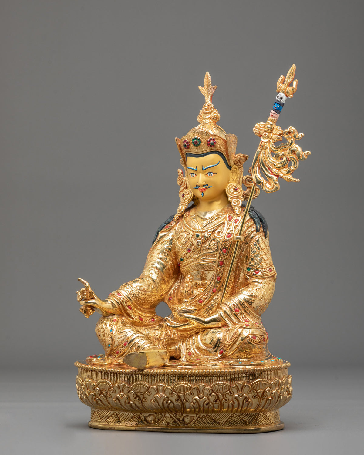 Guru Rinpoche Acrylic Painted Sculpture: 24K Gold Gilded Himalayan Art