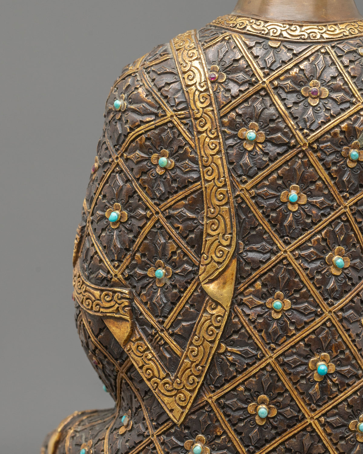 Shakyamuni Buddha Statue | Oxidized Sculpture Adorned with Gemstones