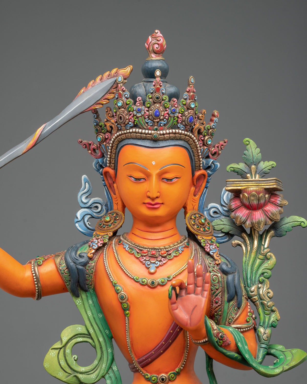 Manjushri 24K Gold Coated Copper Figurine | Bodhisattva of Transcendent Wisdom