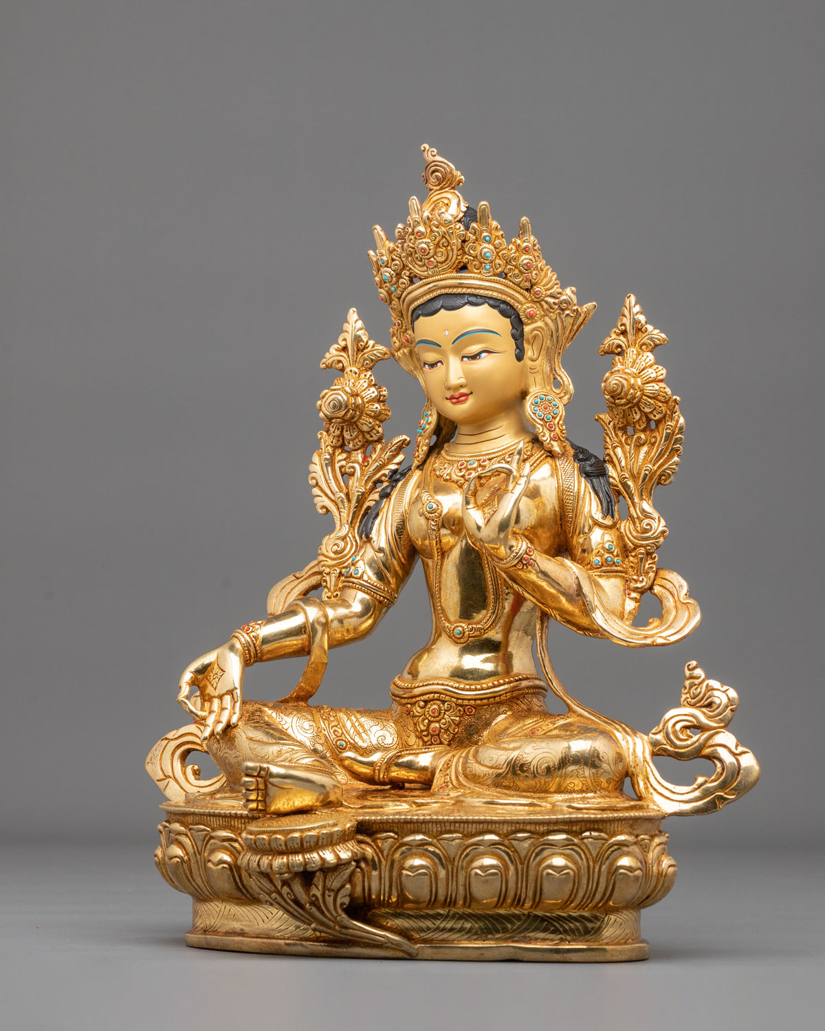 Tibetan Goddess Green Tara Handmade Statue | 24K Gold Gilded Compassion Sculpture