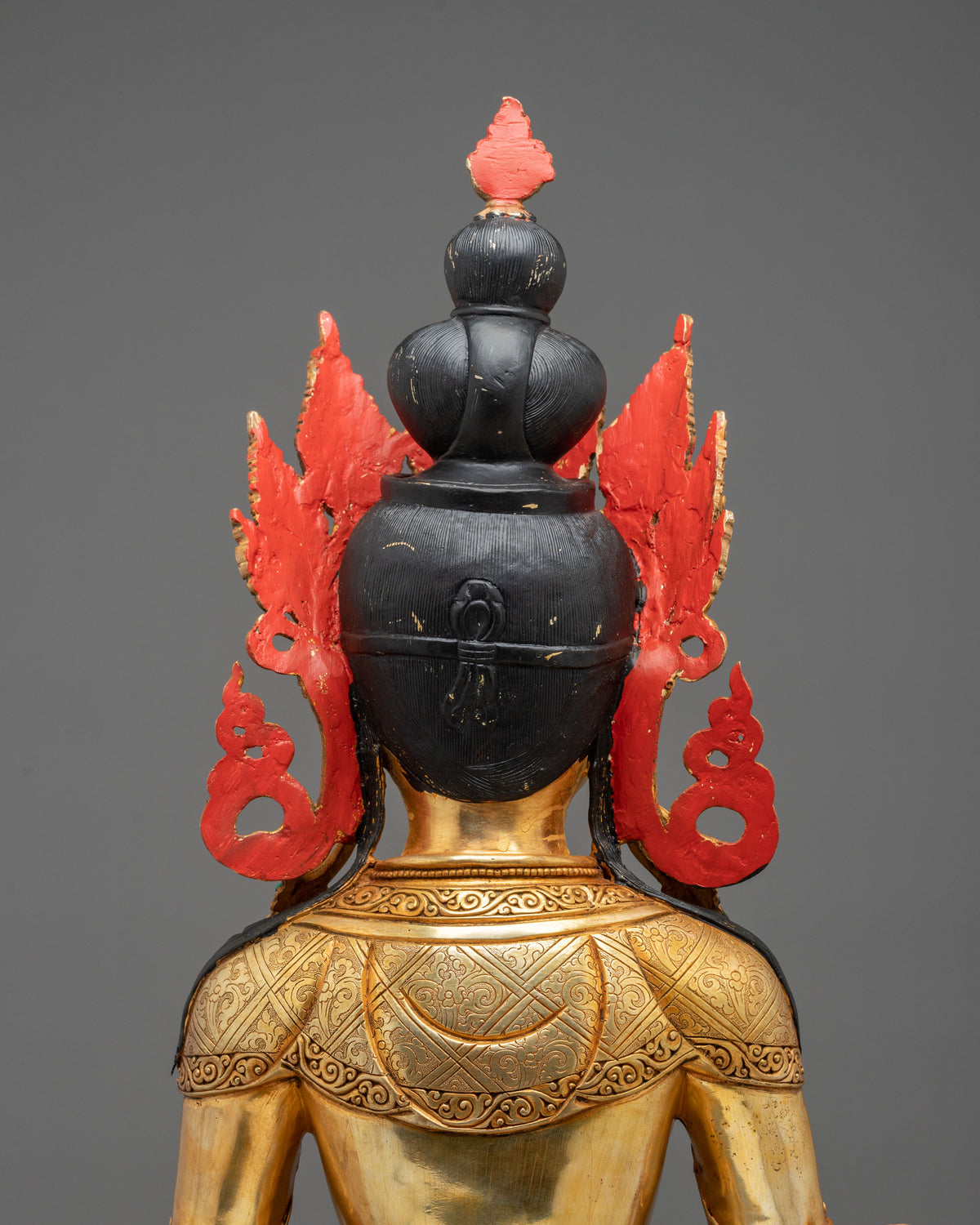 Amitayus Buddha Statue | Gemstones Adorned Golden Copper Sculpture