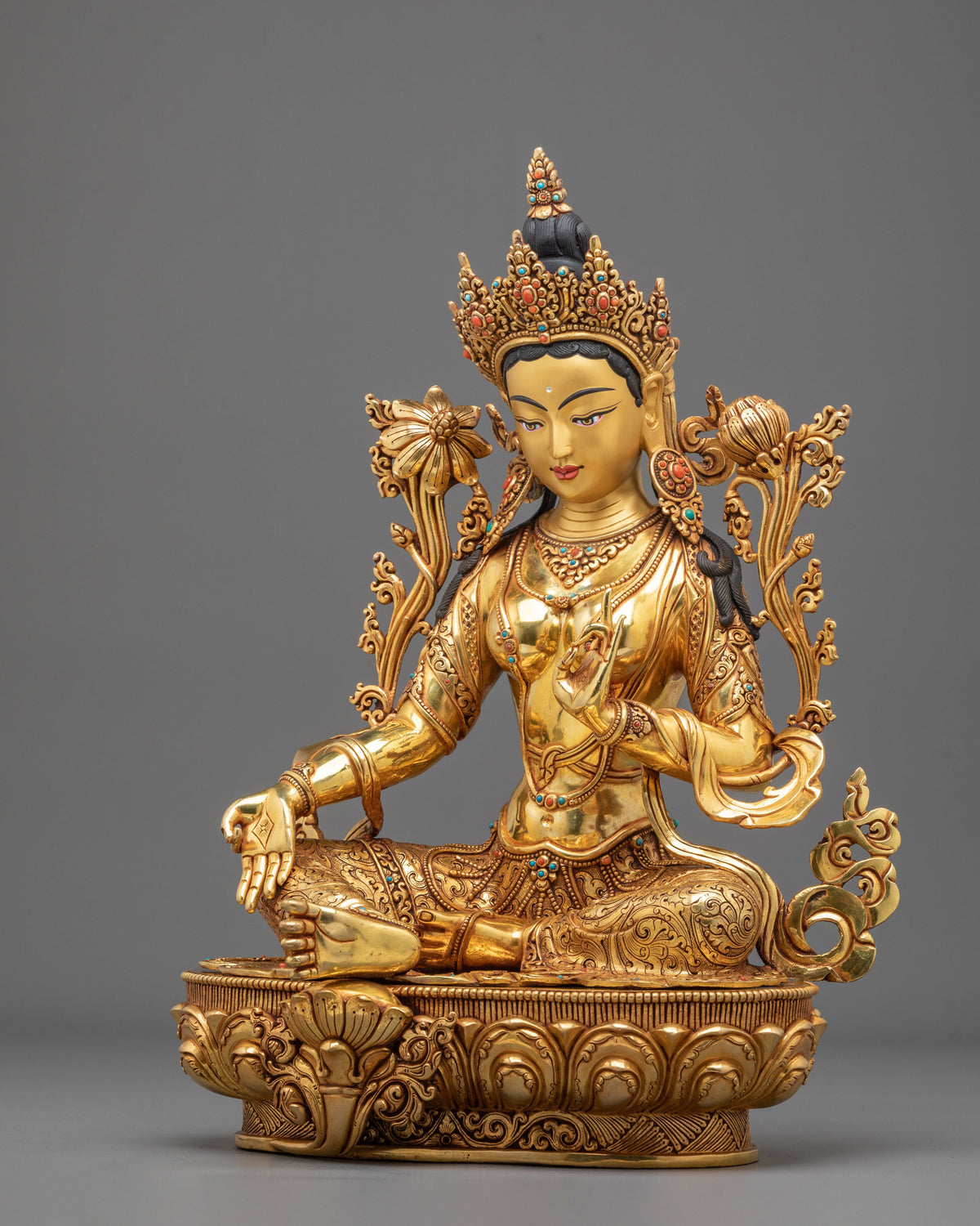 Green Tara Protection from Fears Statue: 24K Gold Gilded