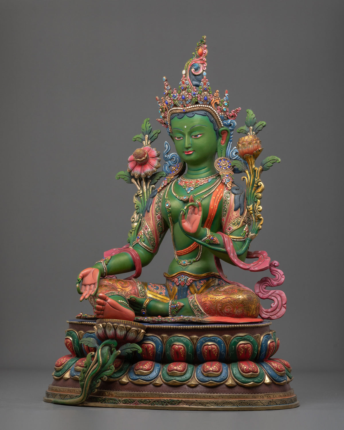 Gemstones Adorned Green Tara Figurine | Buddhist Deity of Compassion and Swift Activity