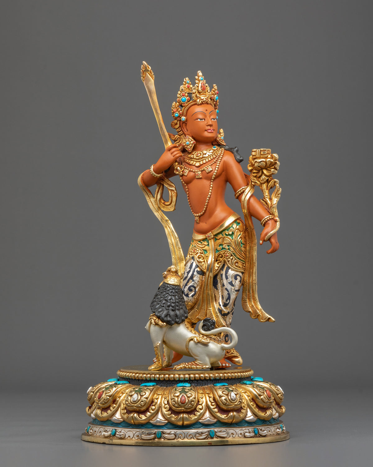Manjushri Hand Carved Sacred Sculpture with 24K Gold Gilding