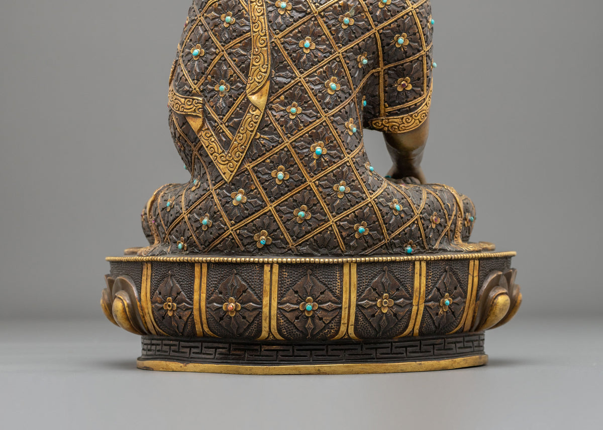 Shakyamuni Buddha Statue | Oxidized Sculpture Adorned with Gemstones