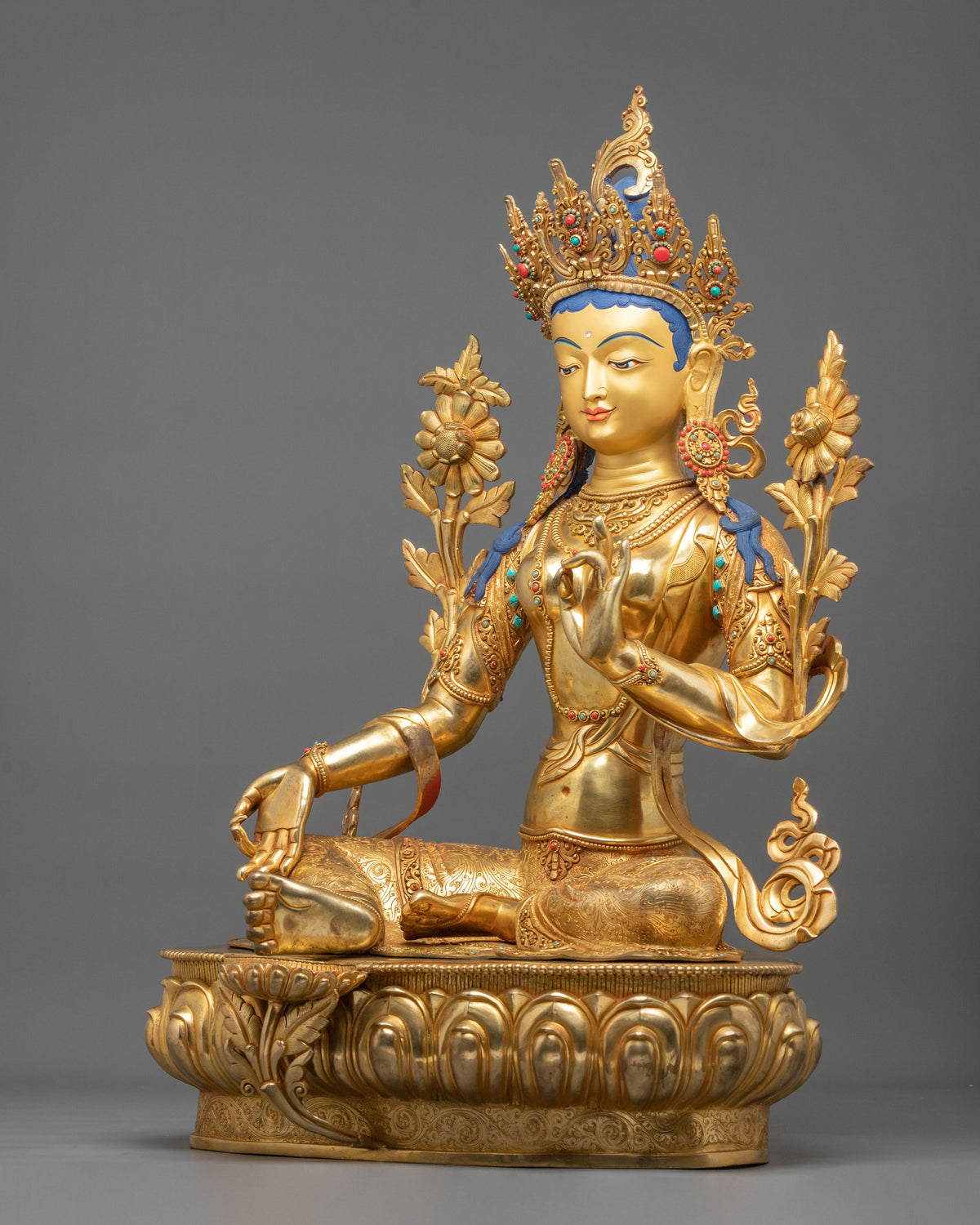 Green Tara 24K Fire Gold Gliding Statue | Buddhist Home Decoration