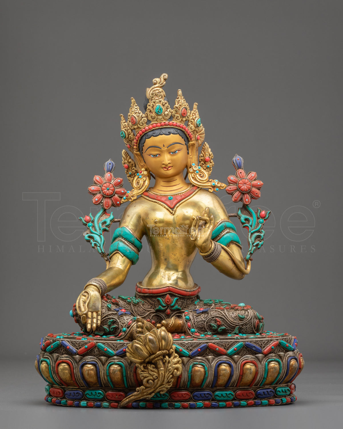 Green Tara Statue: Hand-Gilded 24K Gold & Gemstone