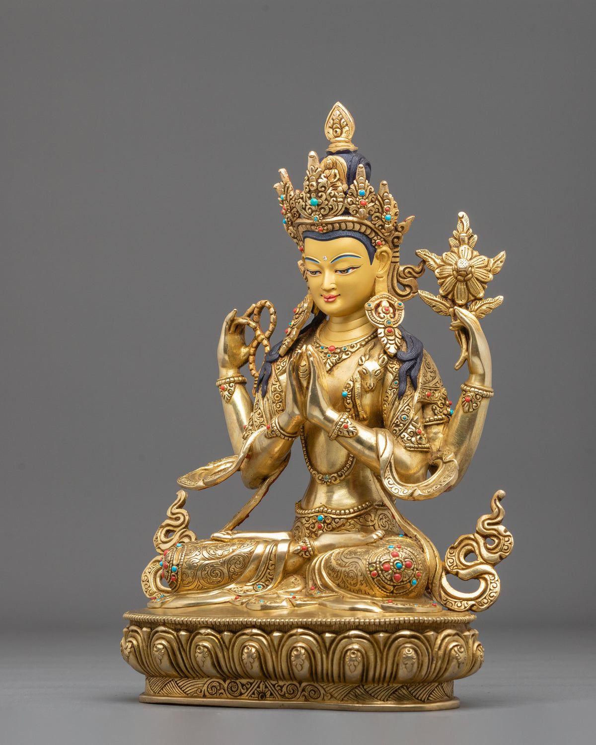 Four-Armed Chenrezig 24K Gold Gilded Sculpture | Bodhisattva of Compassion