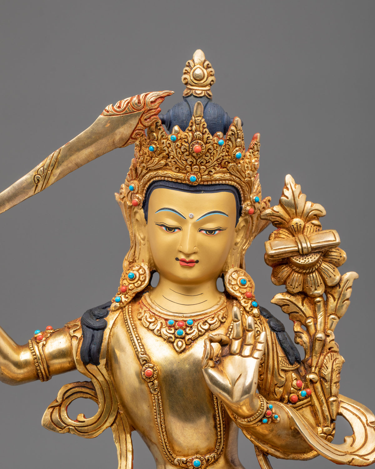 Manjushri Buddhist Golden Handmade Statue | Sacred Meditation Altar