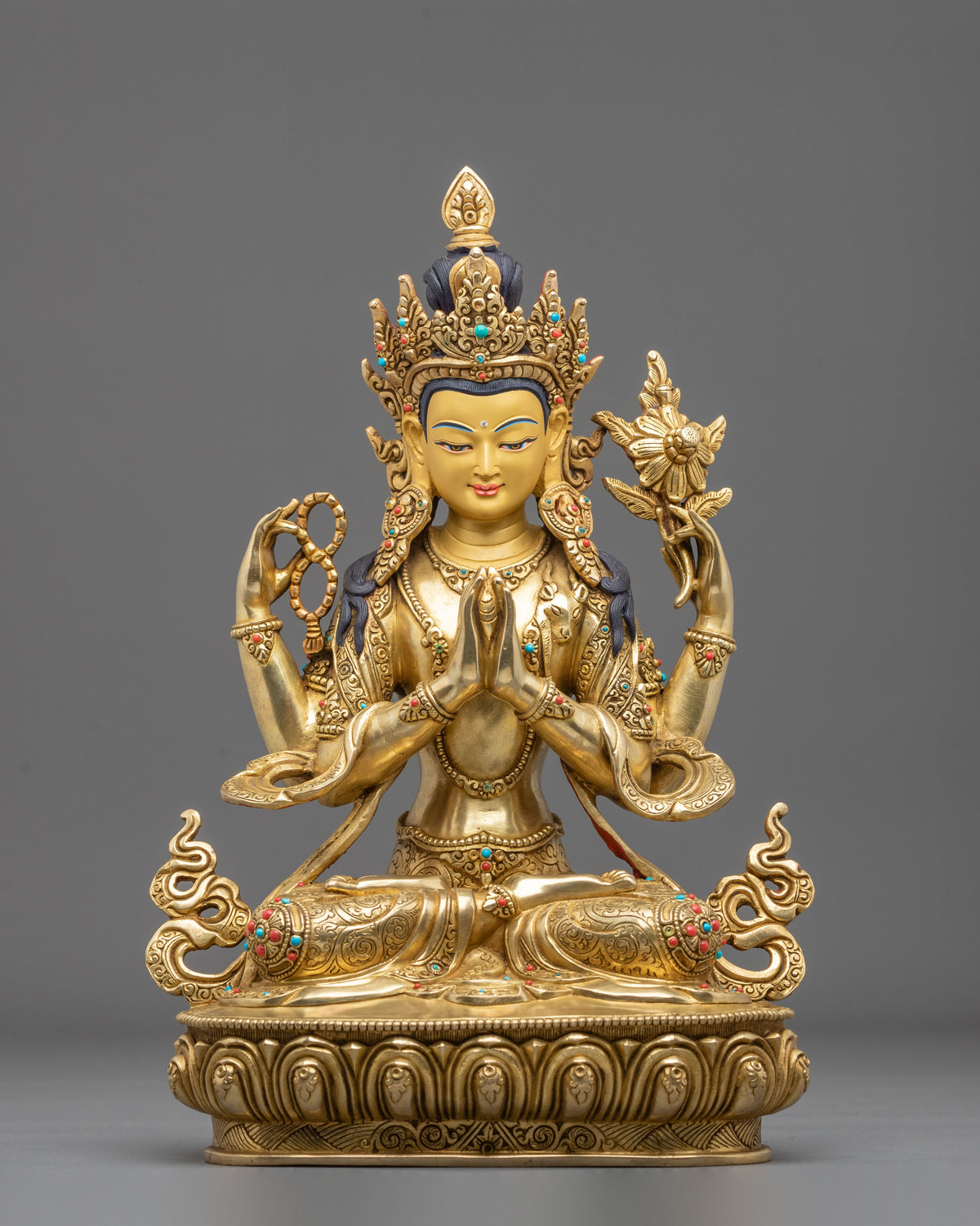 Four-Armed Chenrezig 24K Gold Gilded Sculpture | Bodhisattva of Compassion