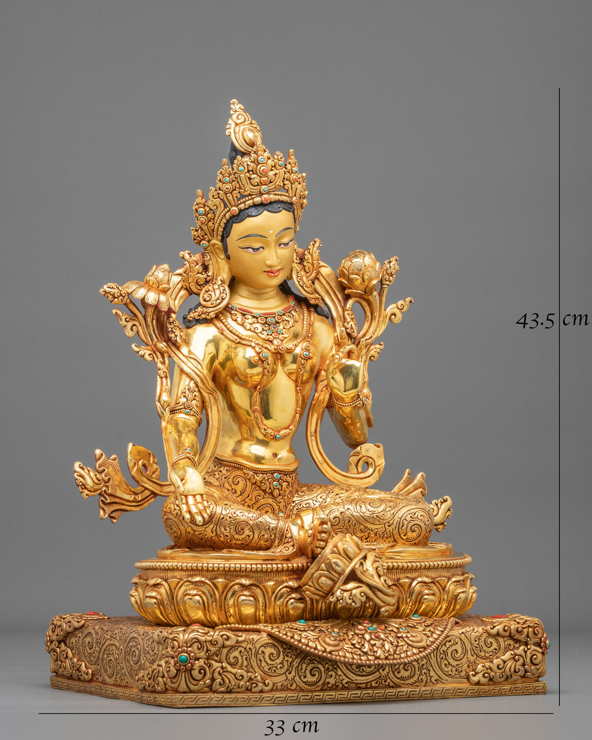 Green Tara Statue: 24K Gold Gilded Buddhist Sculpture