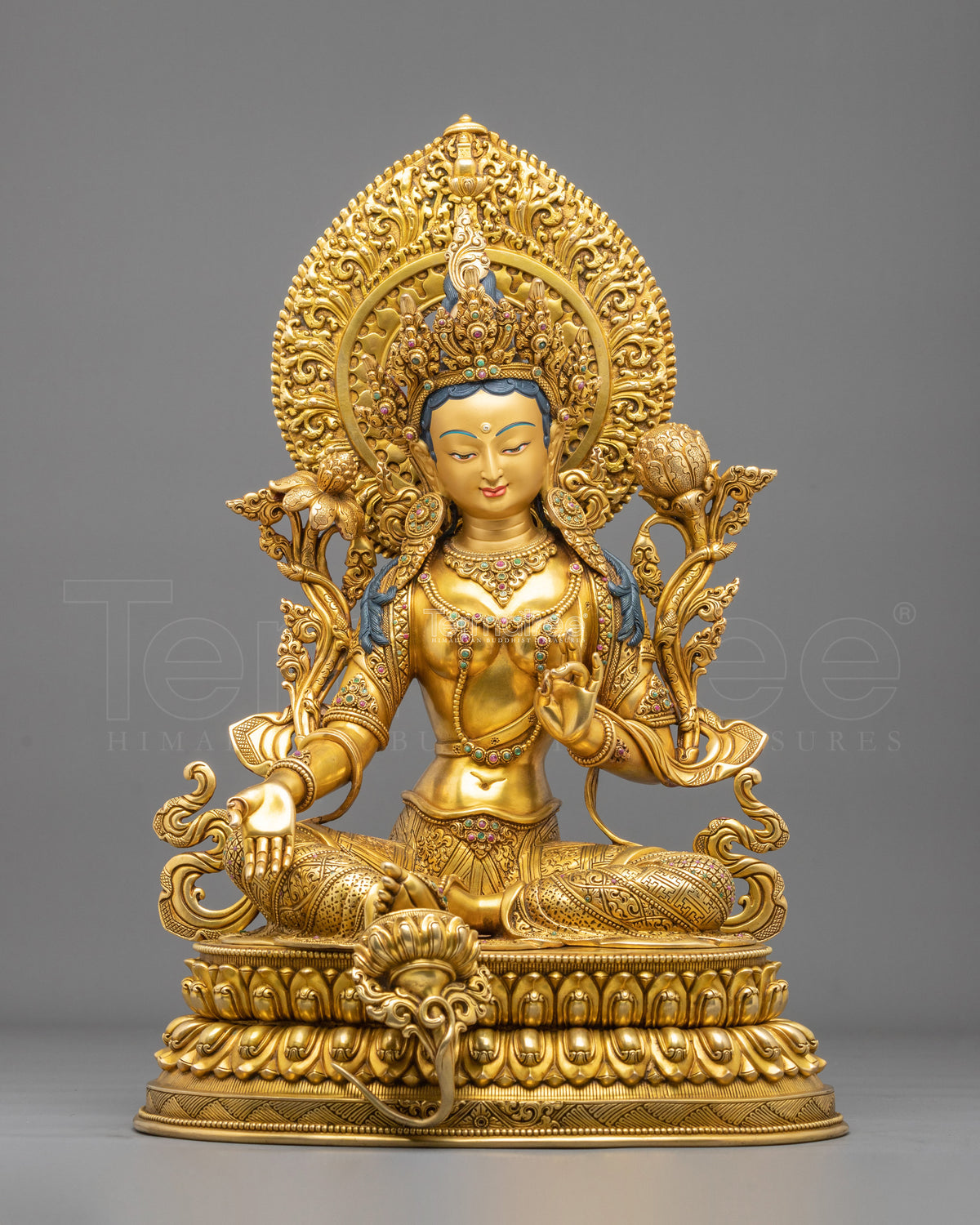 Gemstones Adorned Green Tara Sculpture | Home Decor