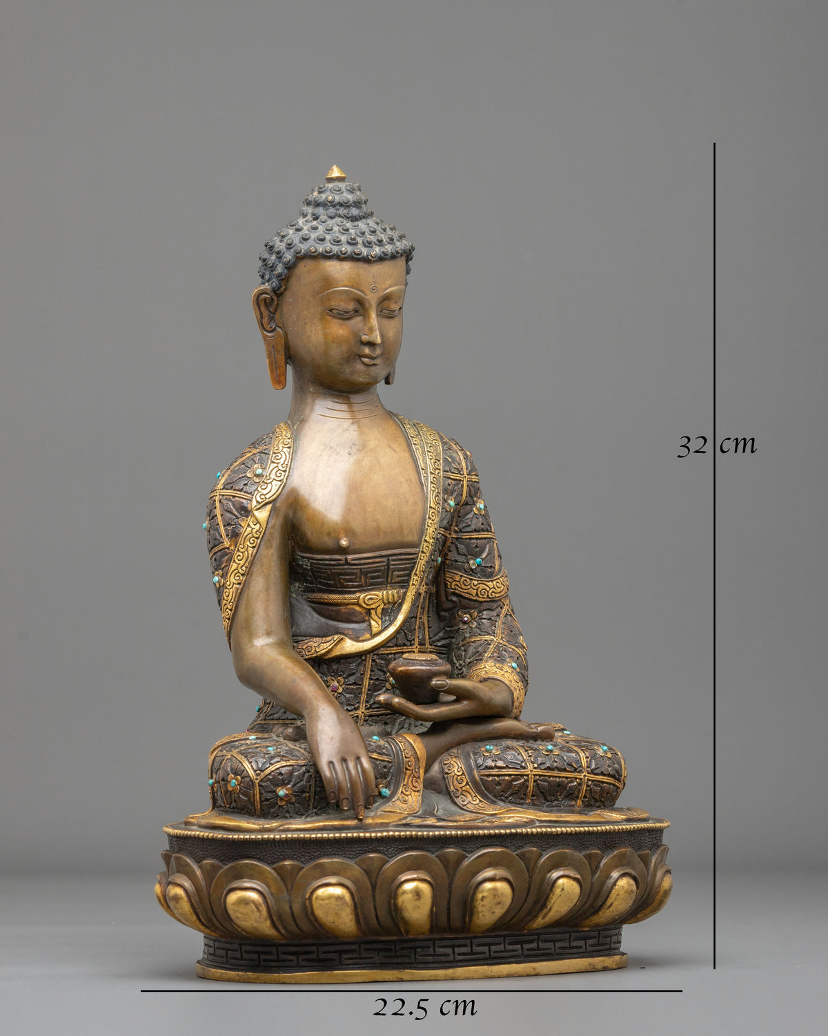 Shakyamuni Buddha Statue | Oxidized Sculpture Adorned with Gemstones