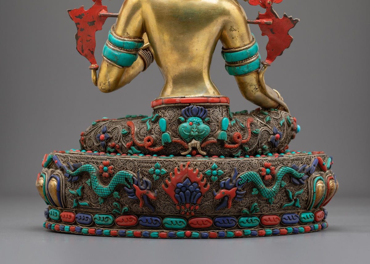 Green Tara Statue: Hand-Gilded 24K Gold & Gemstone