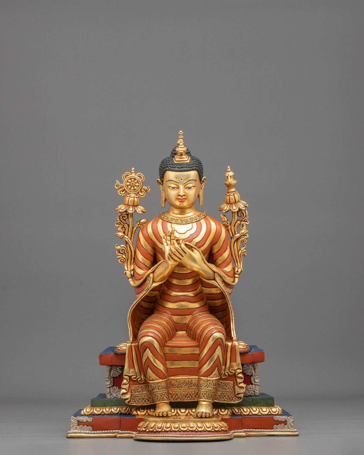 24K Gold Gilded Maitreya Buddha Copper Sculpture with Gemstones Inlays