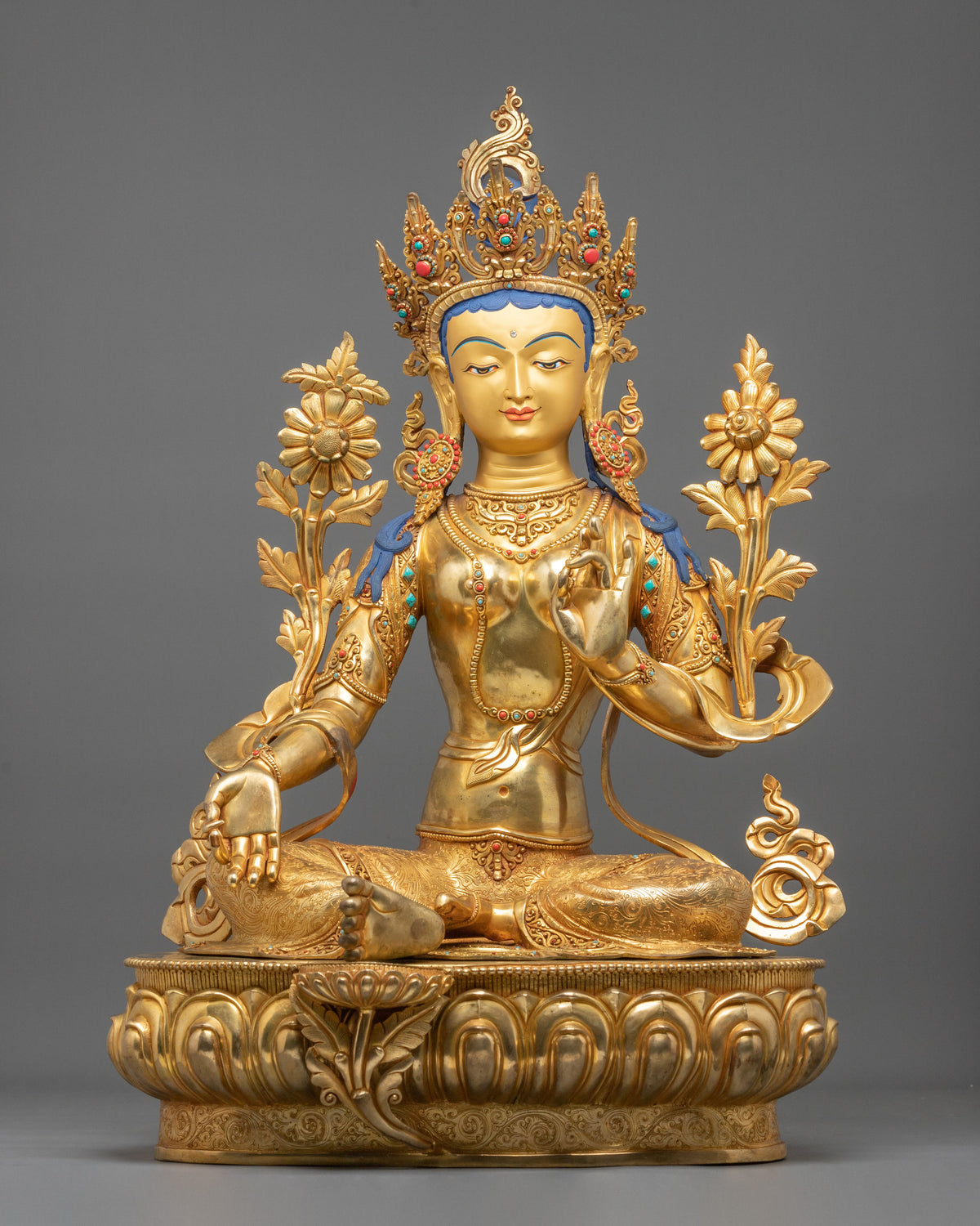 Green Tara 24K Fire Gold Gliding Statue | Buddhist Home Decoration