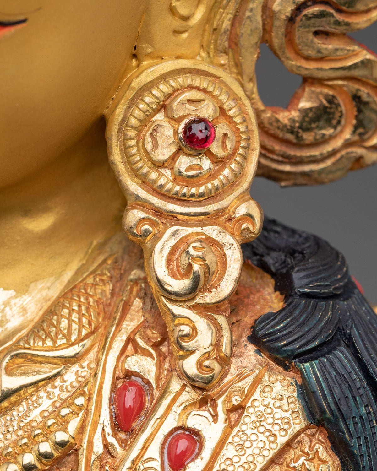 Guru Rinpoche Acrylic Painted Sculpture: 24K Gold Gilded Himalayan Art