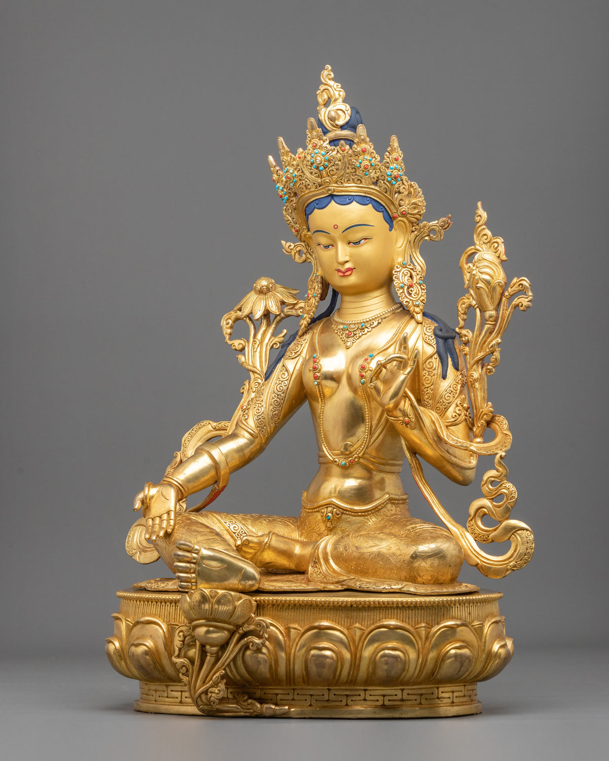 Tibetan Goddess Green Tara Golden Sculpture