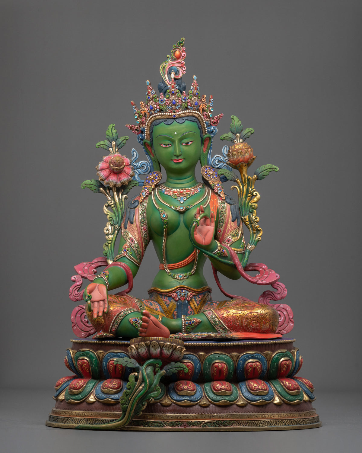 Gemstones Adorned Green Tara Figurine | Buddhist Deity of Compassion and Swift Activity