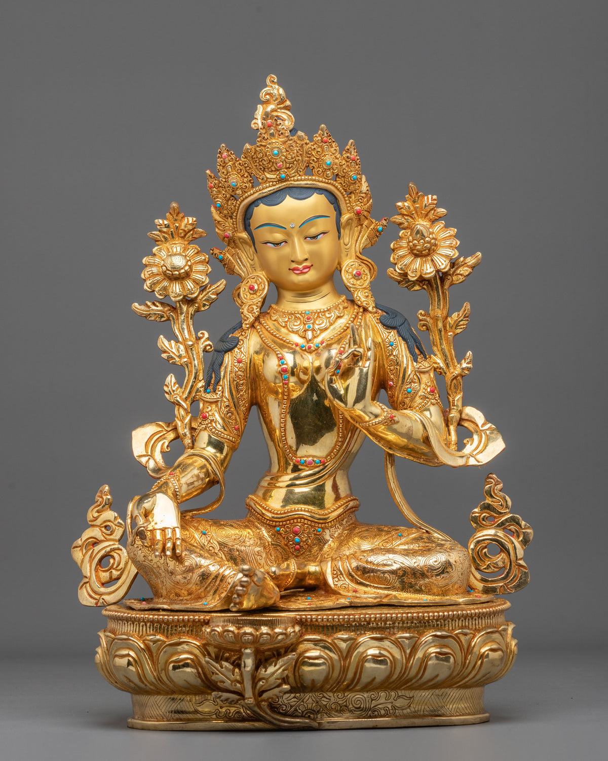 Green Tara 24K Gold Coated Goddess Statue: Deity of Compassion and Liberation