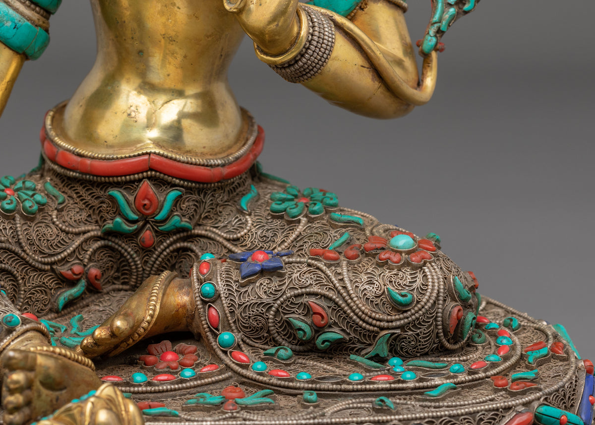 Green Tara Statue: Hand-Gilded 24K Gold & Gemstone