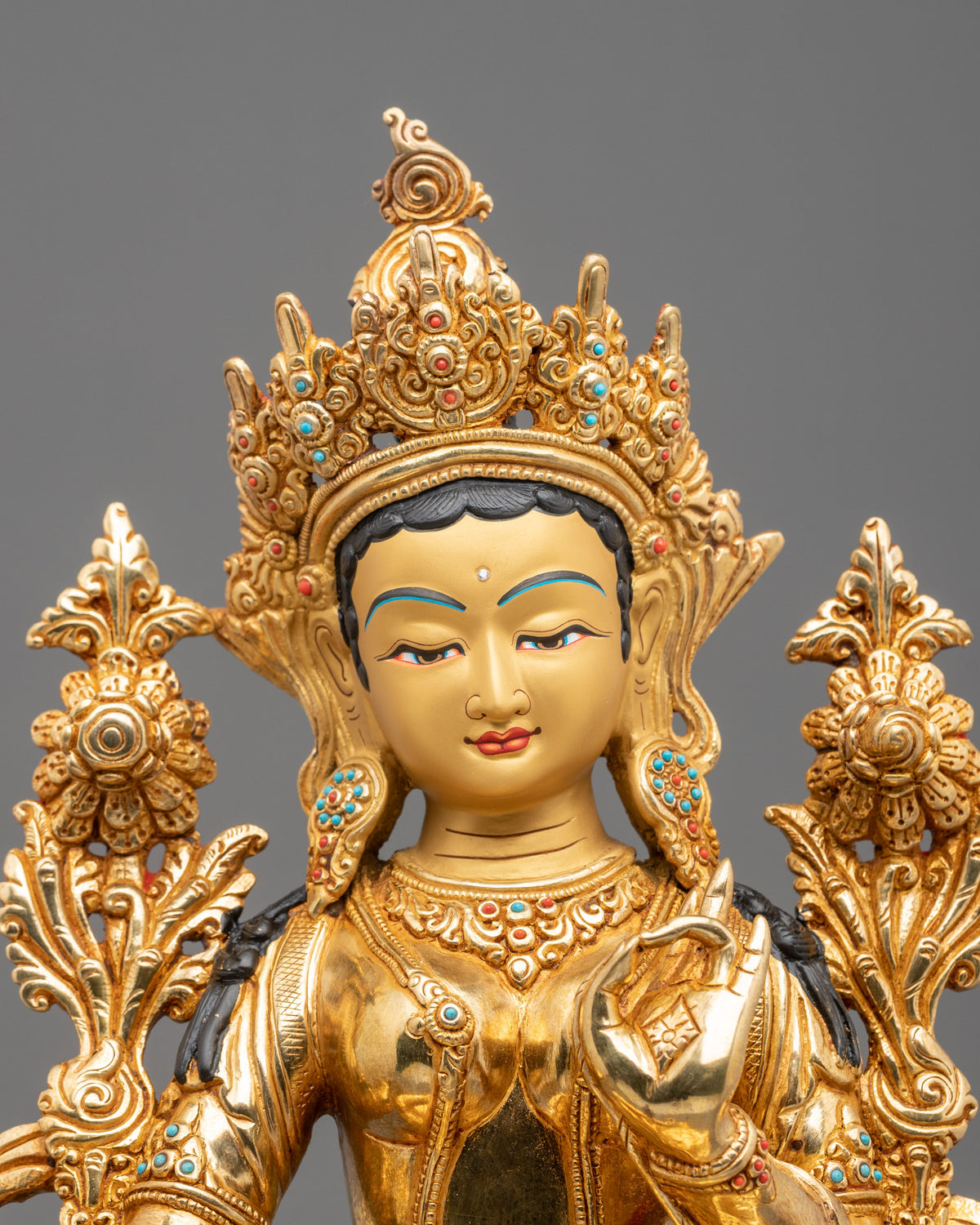 Tibetan Goddess Green Tara Handmade Statue | 24K Gold Gilded Compassion Sculpture