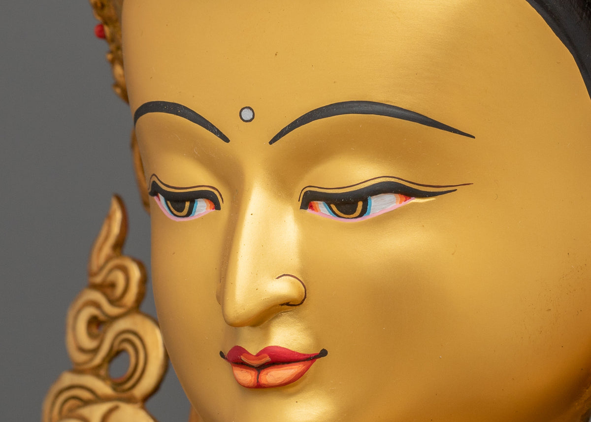 Amitayus Buddha Statue | Gemstones Adorned Golden Copper Sculpture
