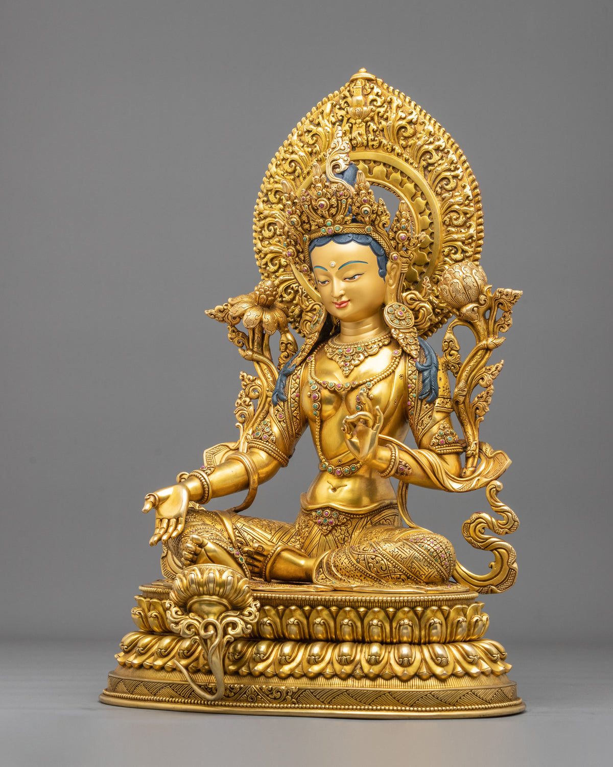 Gemstones Adorned Green Tara Sculpture | Home Decor