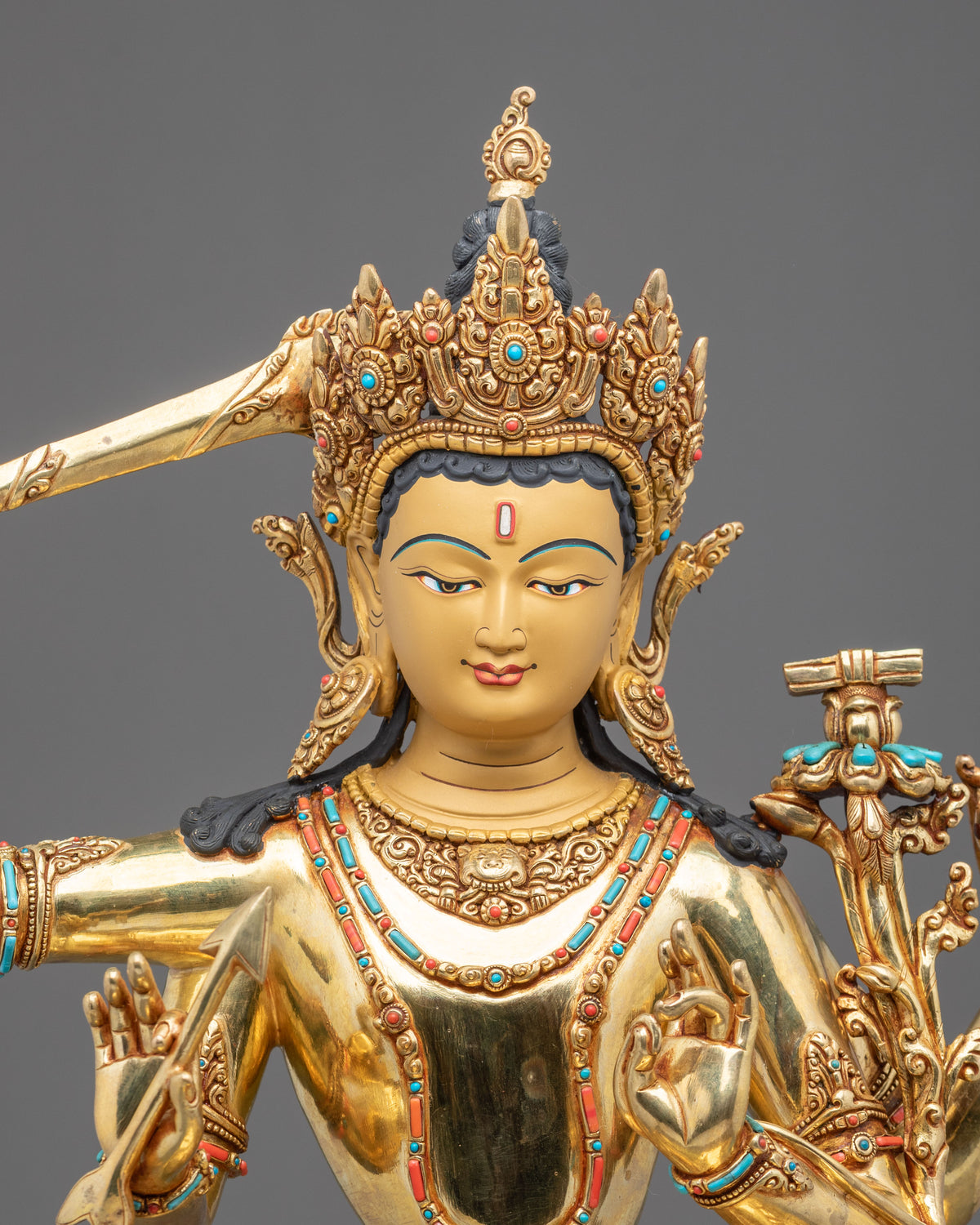 Maha Manjushri Copper Sculpture - 24K Gold Gilded Handcrafted Art