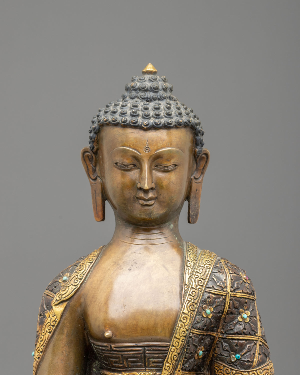 Shakyamuni Buddha Statue | Oxidized Sculpture Adorned with Gemstones