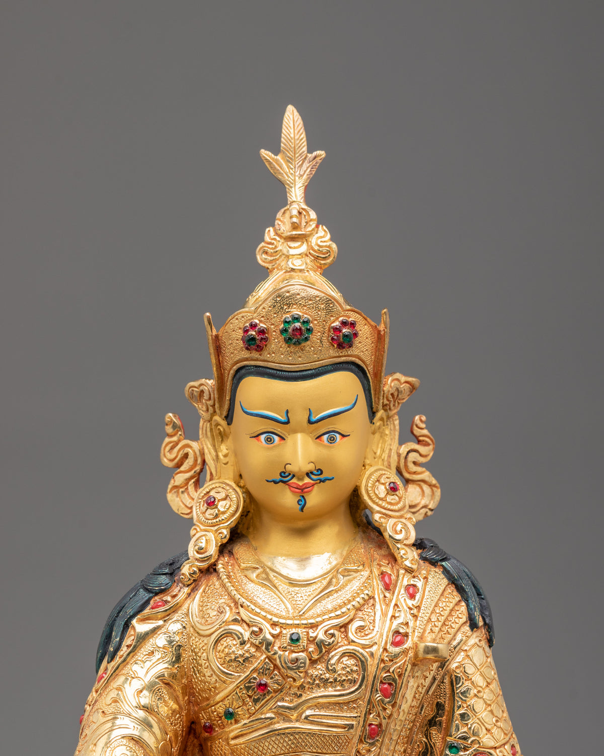 Guru Rinpoche Acrylic Painted Sculpture: 24K Gold Gilded Himalayan Art