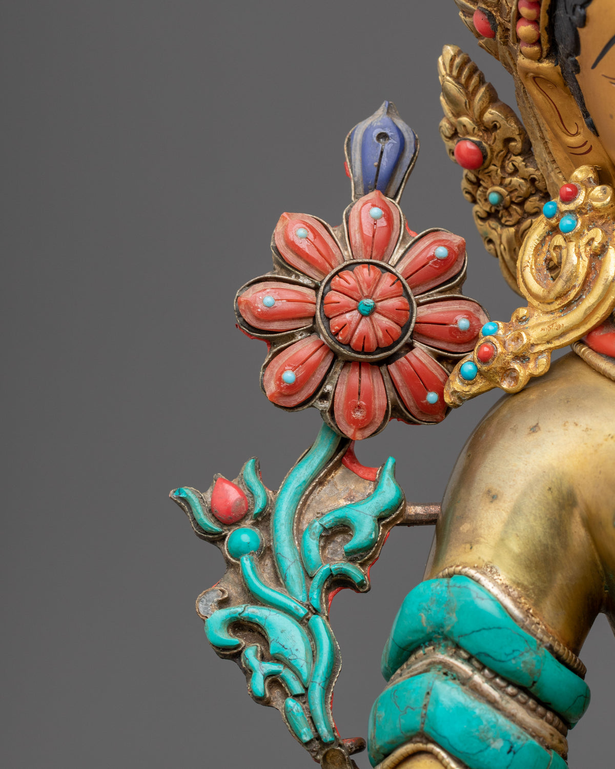 Green Tara Statue: Hand-Gilded 24K Gold & Gemstone