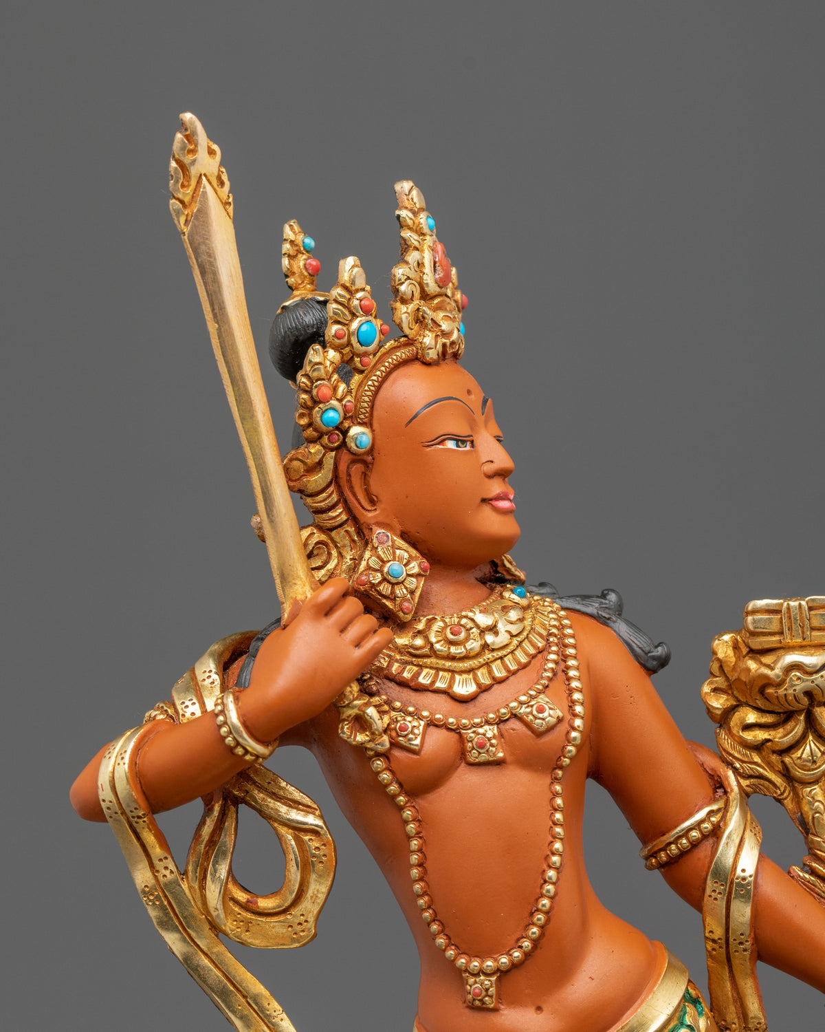 Manjushri Hand Carved Sacred Sculpture with 24K Gold Gilding
