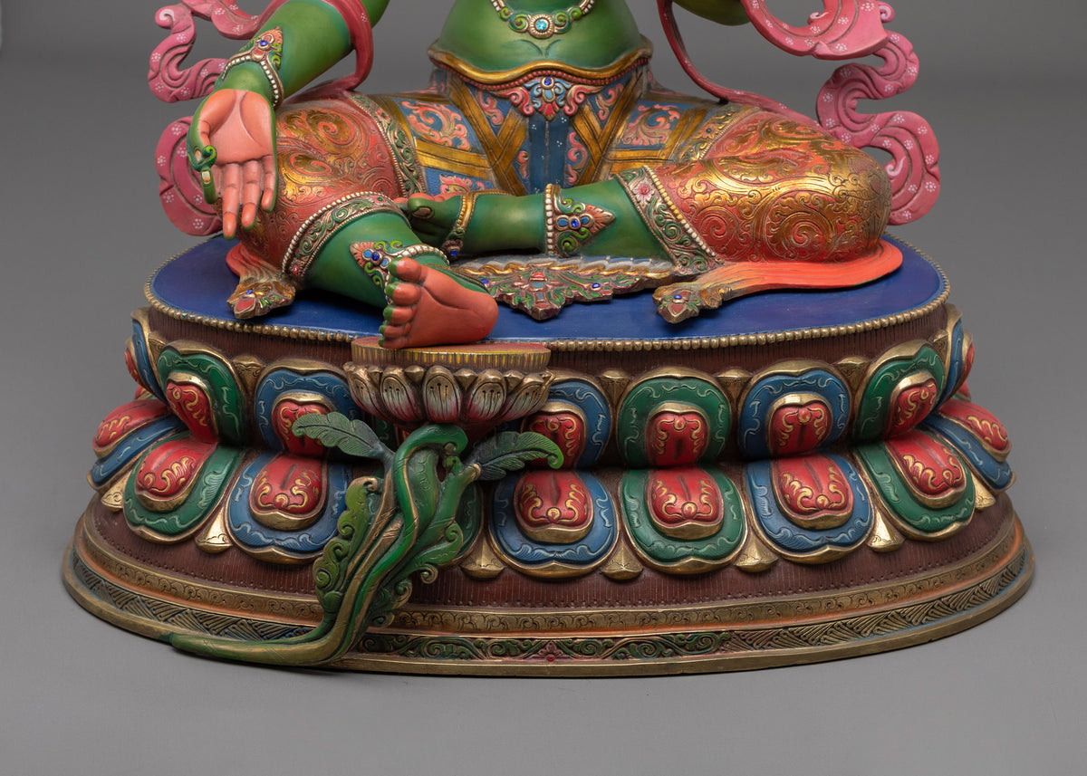Gemstones Adorned Green Tara Figurine | Buddhist Deity of Compassion and Swift Activity