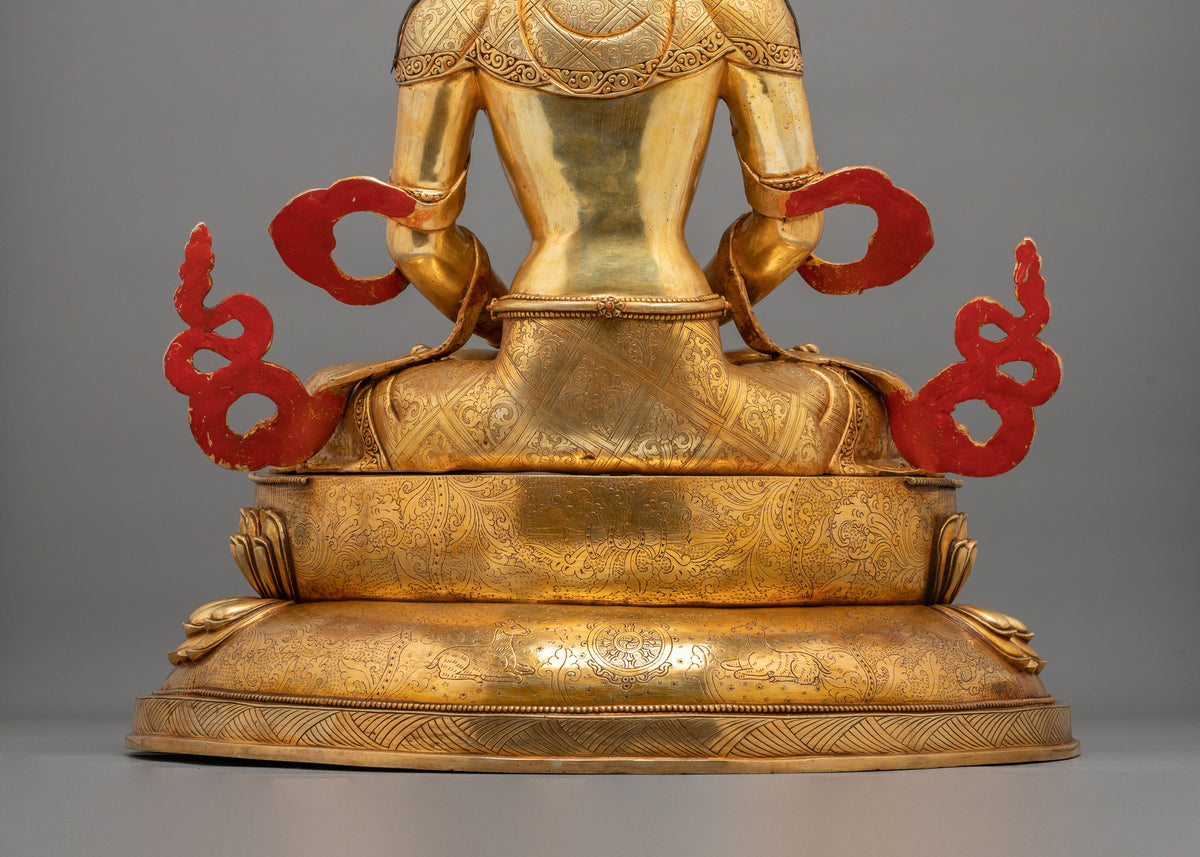 Amitayus Buddha Statue | Gemstones Adorned Golden Copper Sculpture