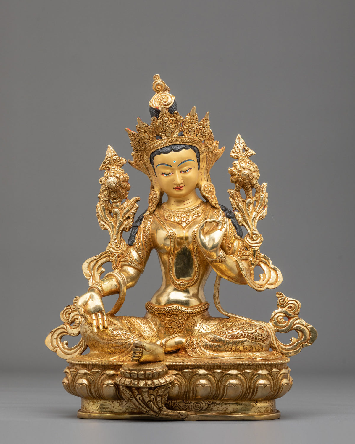 Goddess Green Tara Copper Sculpture | 24K Gold Gilded Buddhist Statue
