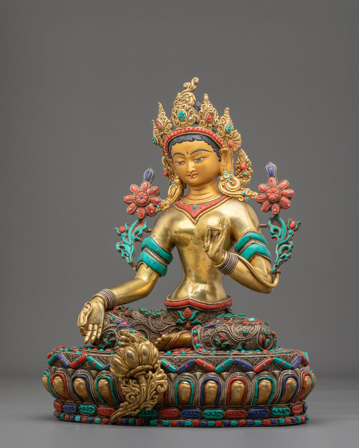 Green Tara Statue: Hand-Gilded 24K Gold & Gemstone