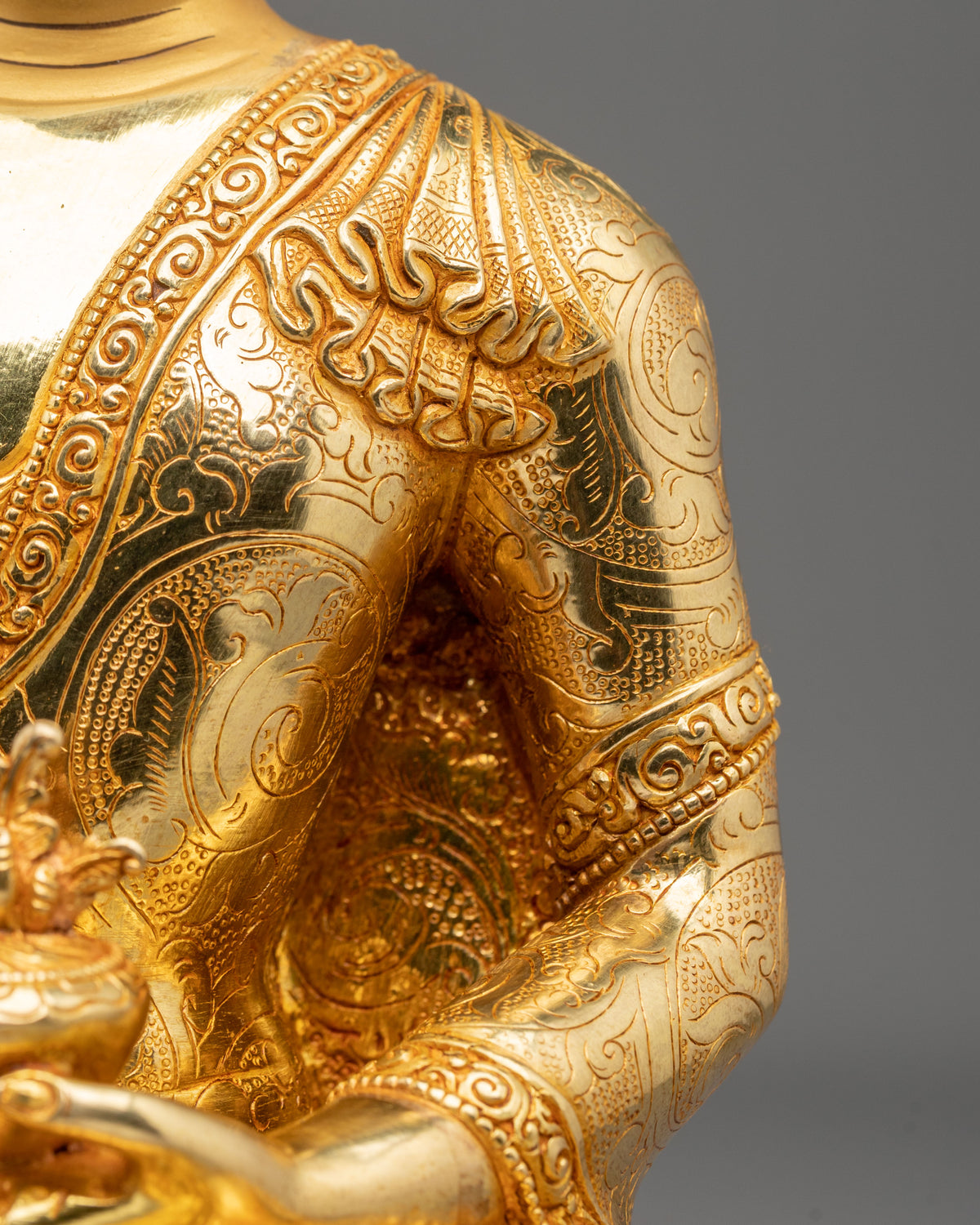 24K Gold Gilded Copper Statue of Medicine Buddha: Himalayan Buddhist Sacred Art