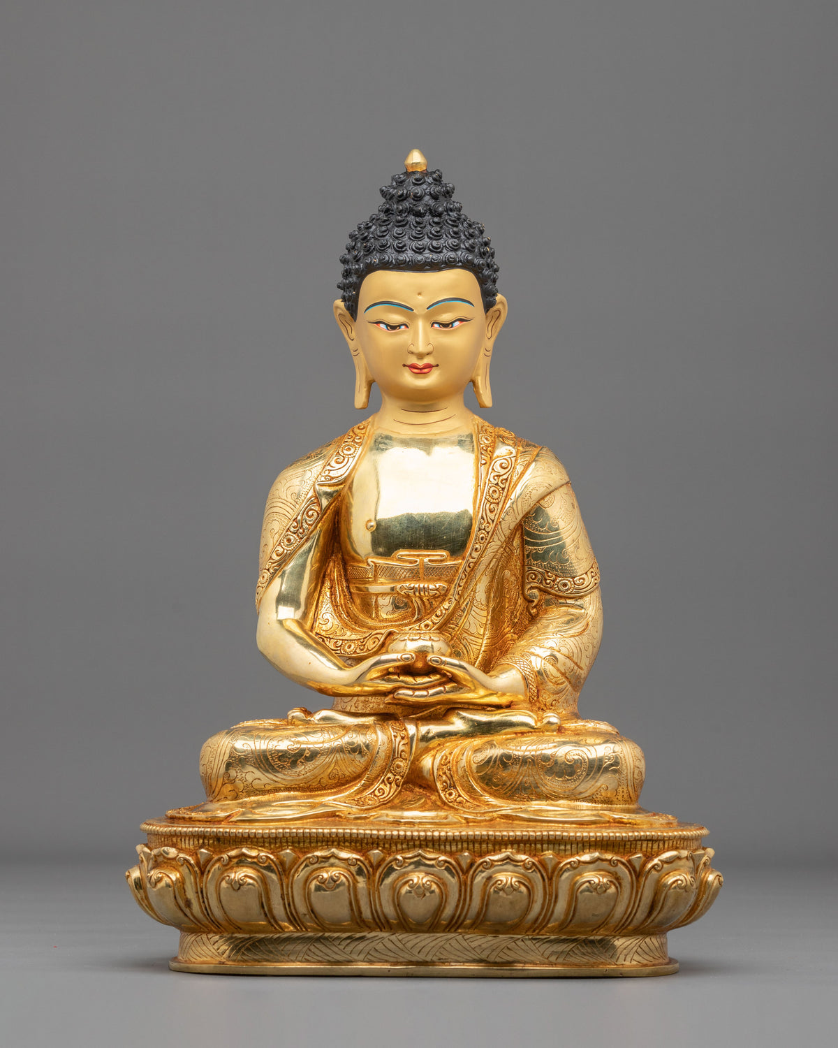 Amitabha Buddha Hand Carved Sculpture: 24K Gold Gilded Serenity