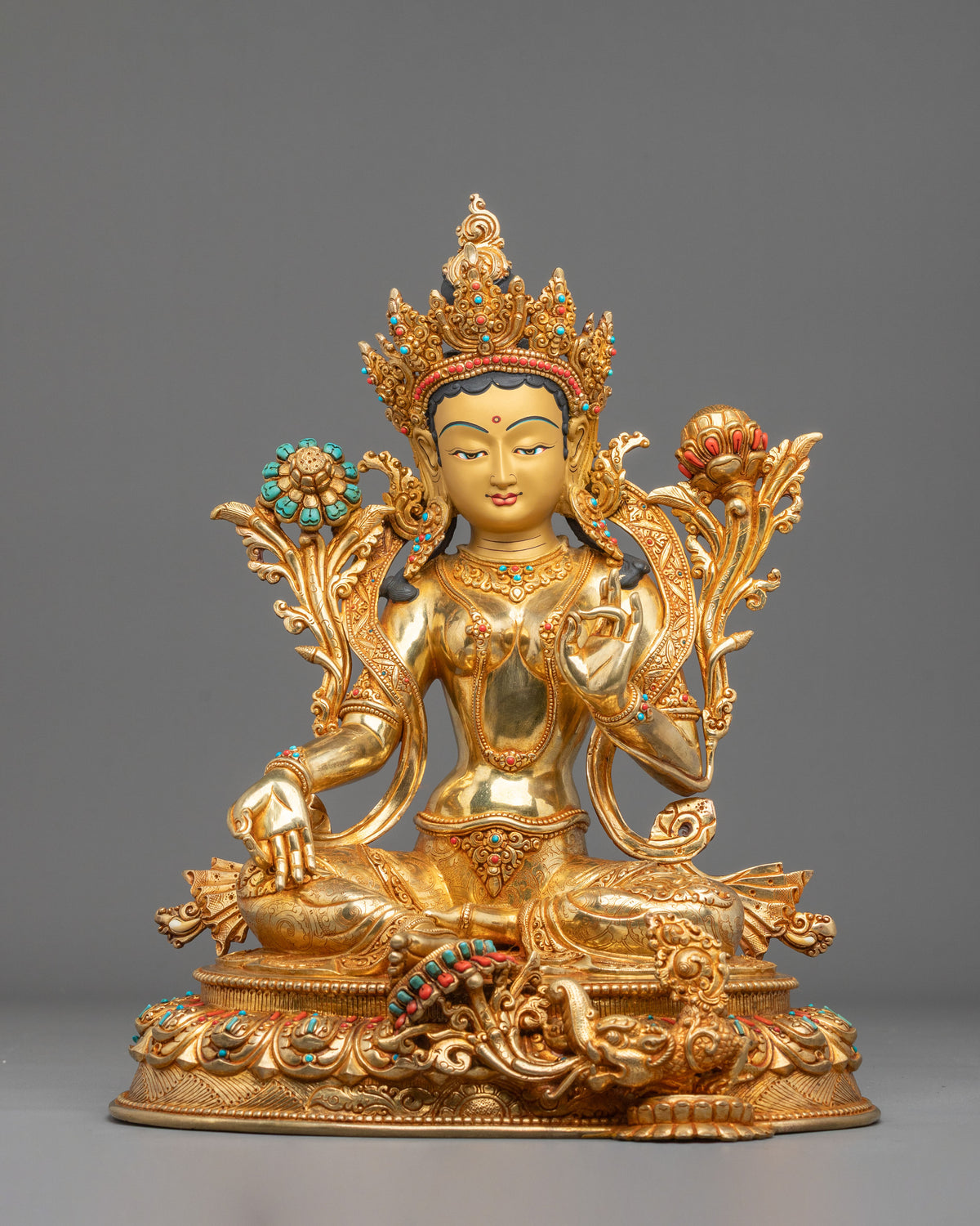 24K Gold Coated Green Tara Sacred Sculpture | Goddess of Compassion