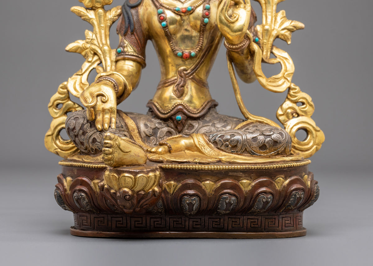 Tibetan Figurine of Goddess Green Tara | 24K Gold Gilded Buddhist Statue