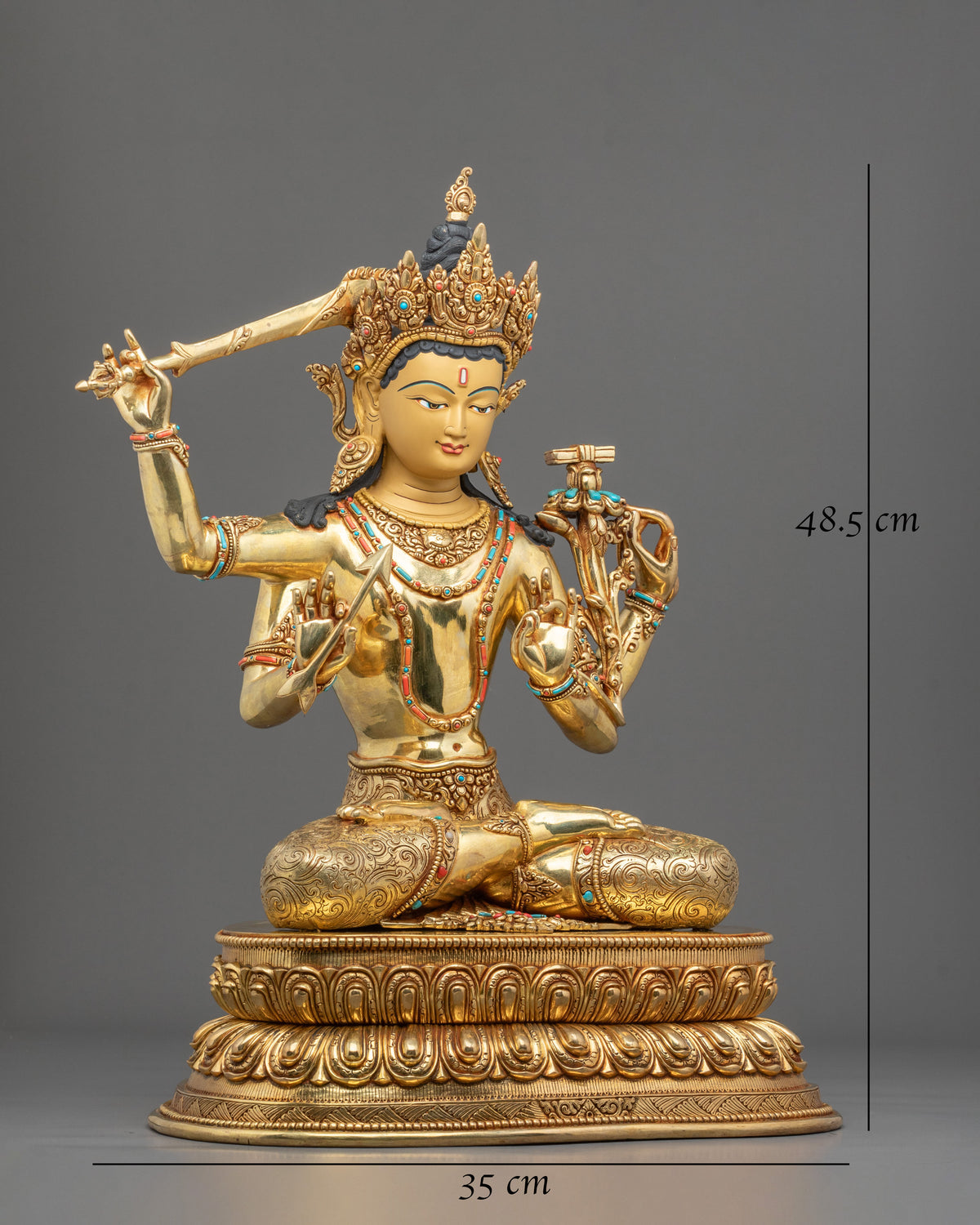 Maha Manjushri Copper Sculpture - 24K Gold Gilded Handcrafted Art
