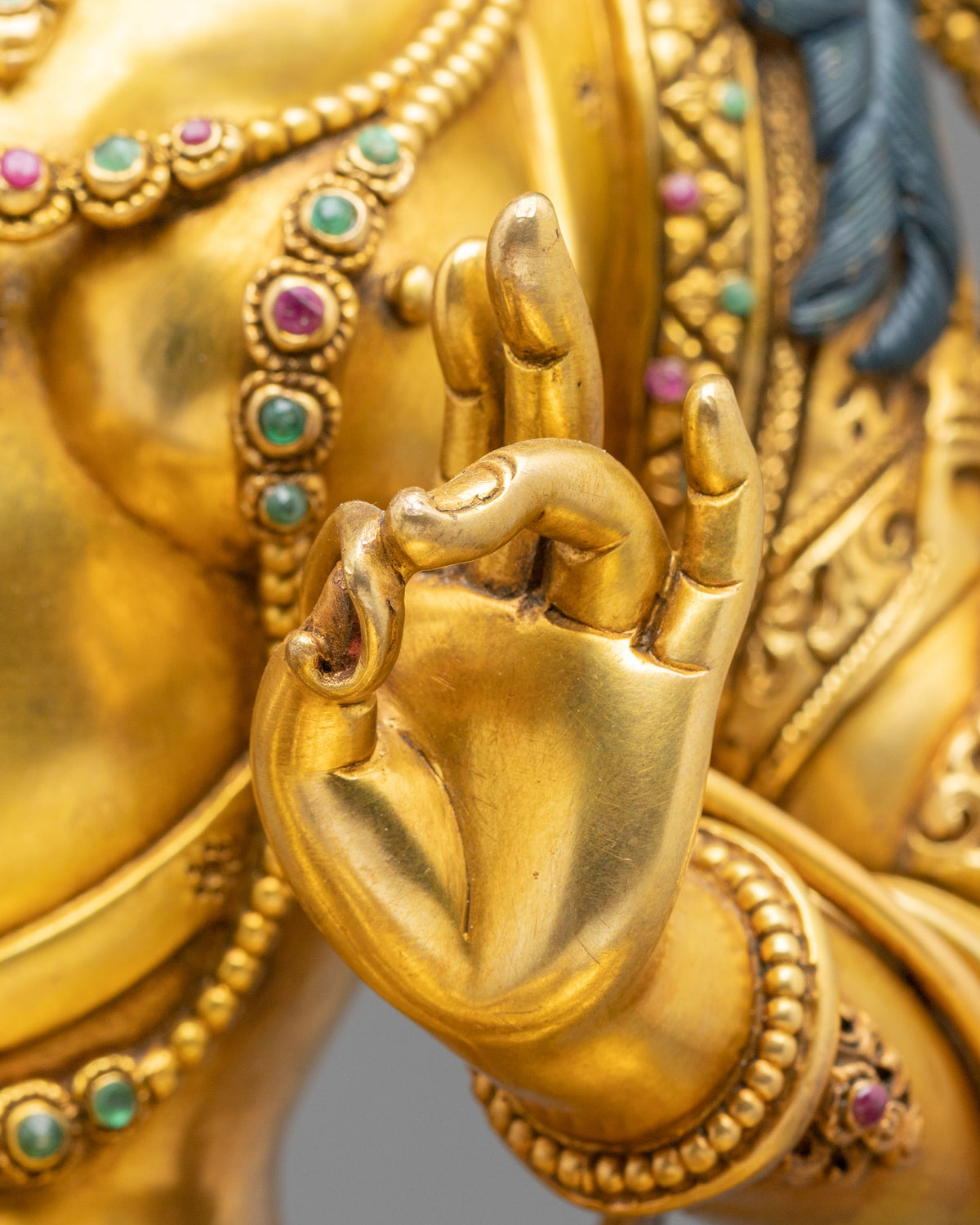 Gemstones Adorned Green Tara Sculpture | Home Decor