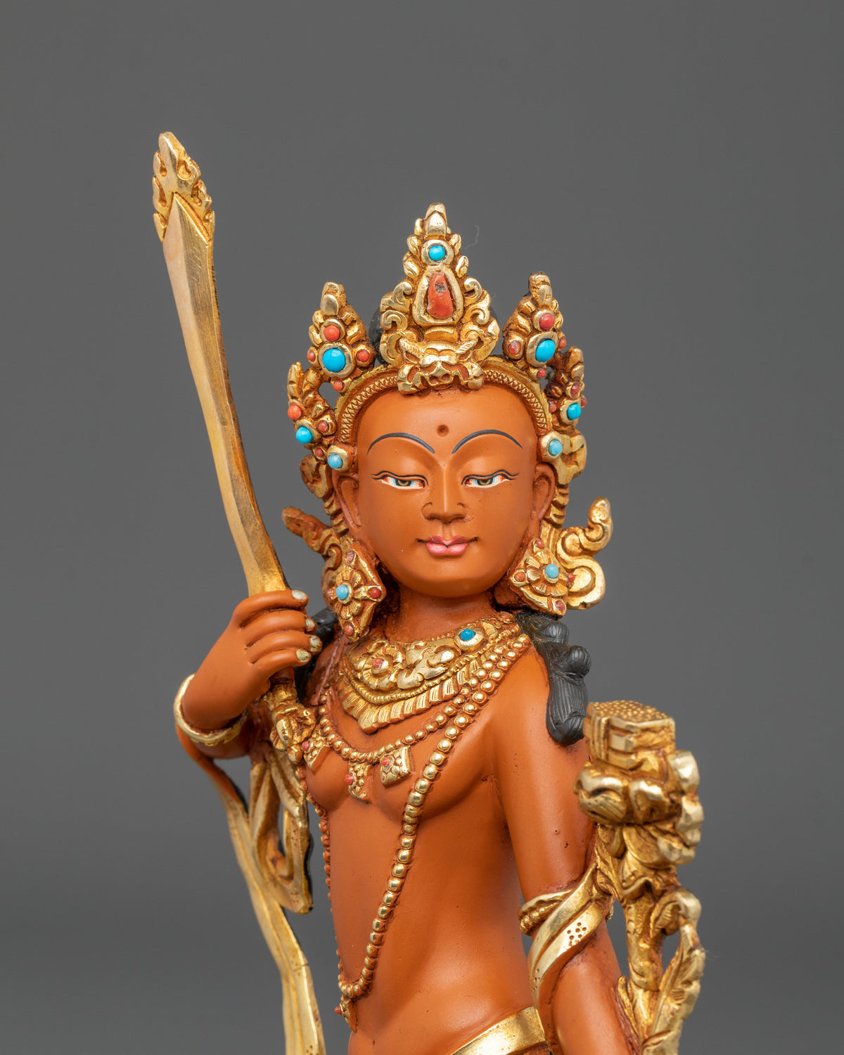 Manjushri Hand Carved Sacred Sculpture with 24K Gold Gilding