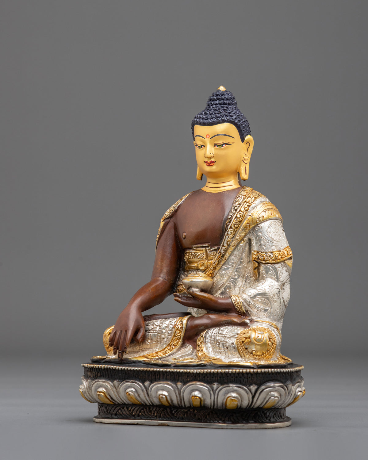 Shakyamuni Buddha Oxidized Statue with Silver Plating