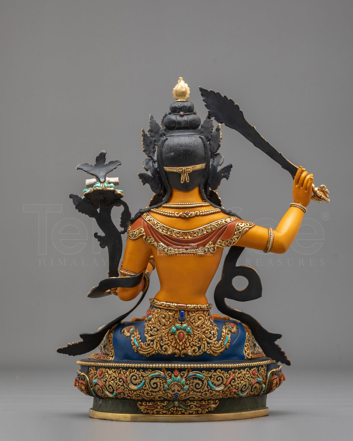 Manjushri Wisdom Sculpture | Copper Statue with Gemstone Details