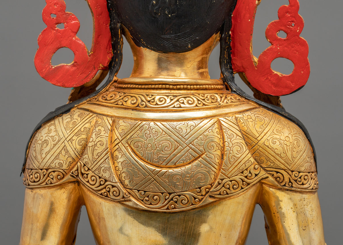 Amitayus Buddha Statue | Gemstones Adorned Golden Copper Sculpture
