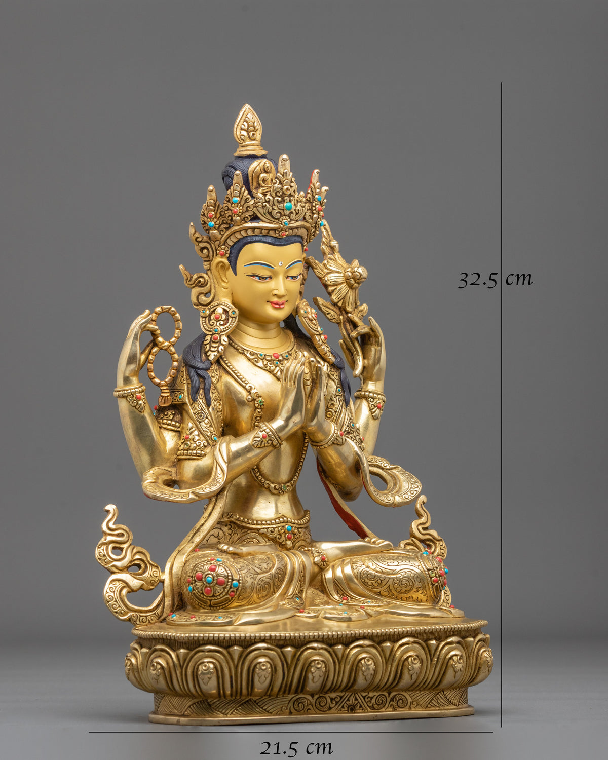 Four-Armed Chenrezig 24K Gold Gilded Sculpture | Bodhisattva of Compassion