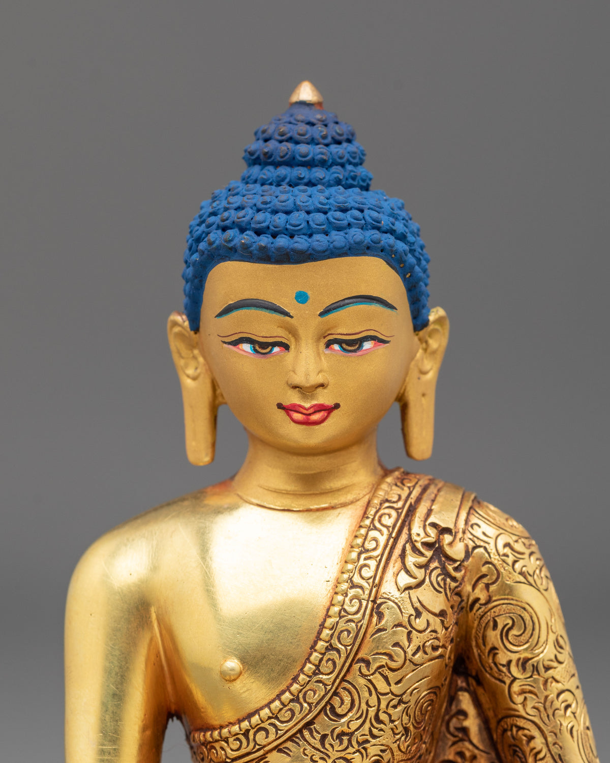 Shakyamuni Buddha Hand Carved Sculpture: 24K Gold Gilded